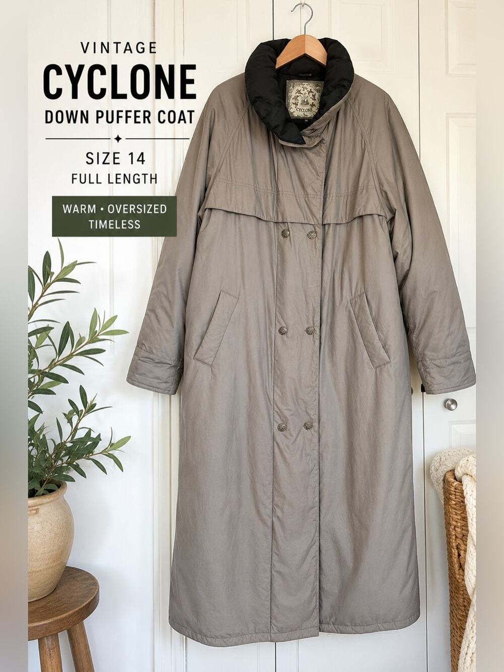 Vintage Cyclone Long Down Puffer Coat Sz 14 Taupe Gray Winter Jacket Full Length